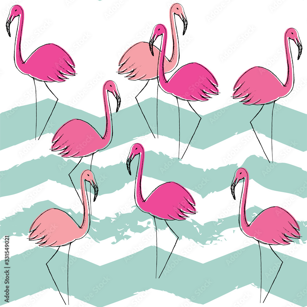 Obraz premium Vector seamless pattern with flamingo and zig-zag lines.