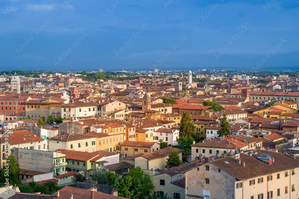 Pisa old town aerial cityscape at sunset light. Toscana province, Italy.