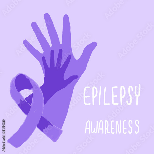 Epilepsy awareness text on purple backdrop. Kids and adult hands for medical poster, social banner, info card or social network. Flyer, bag, or cloth print. Minimal style stock vector illustration