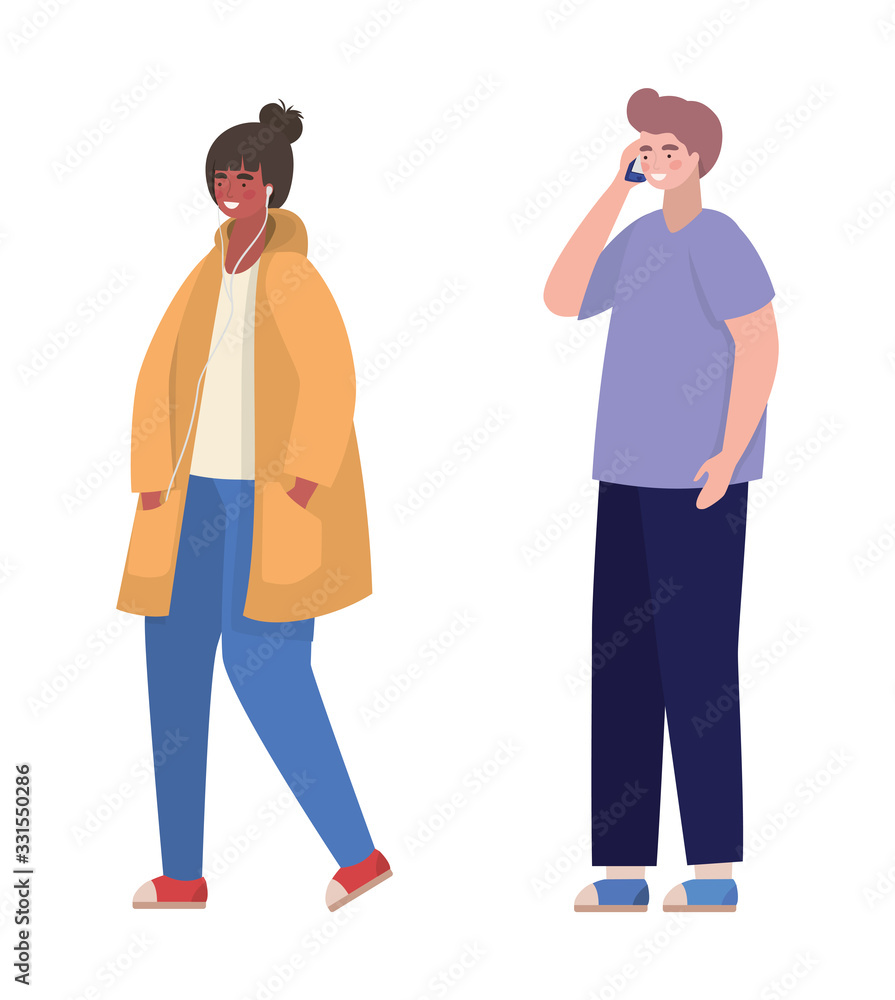 Girl and boy with smartphones vector design