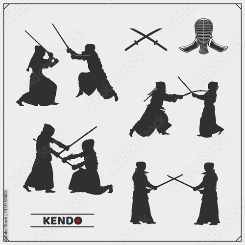 Kendo set. Kendo fighters in traditional clothes silhouette. Sport club emblems. Print design for t-shirt.