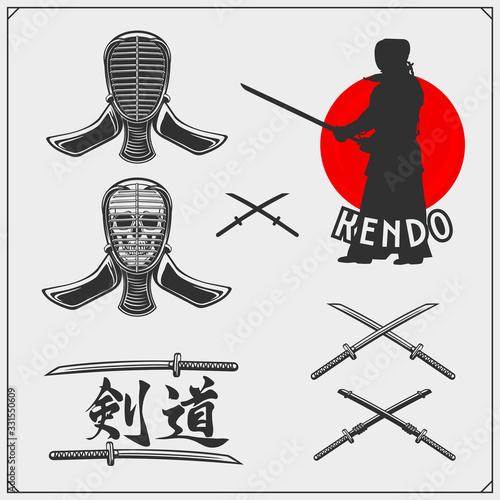Kendo set. Kendo fighters in traditional clothes silhouette. Sport club emblems. Print design for t-shirt.