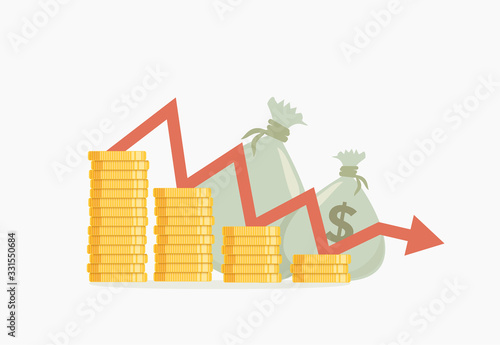 Vector illustration of pile coins and bags with money and falling arrow on transparent background, ready to use. Business fail, risk or recession concept.