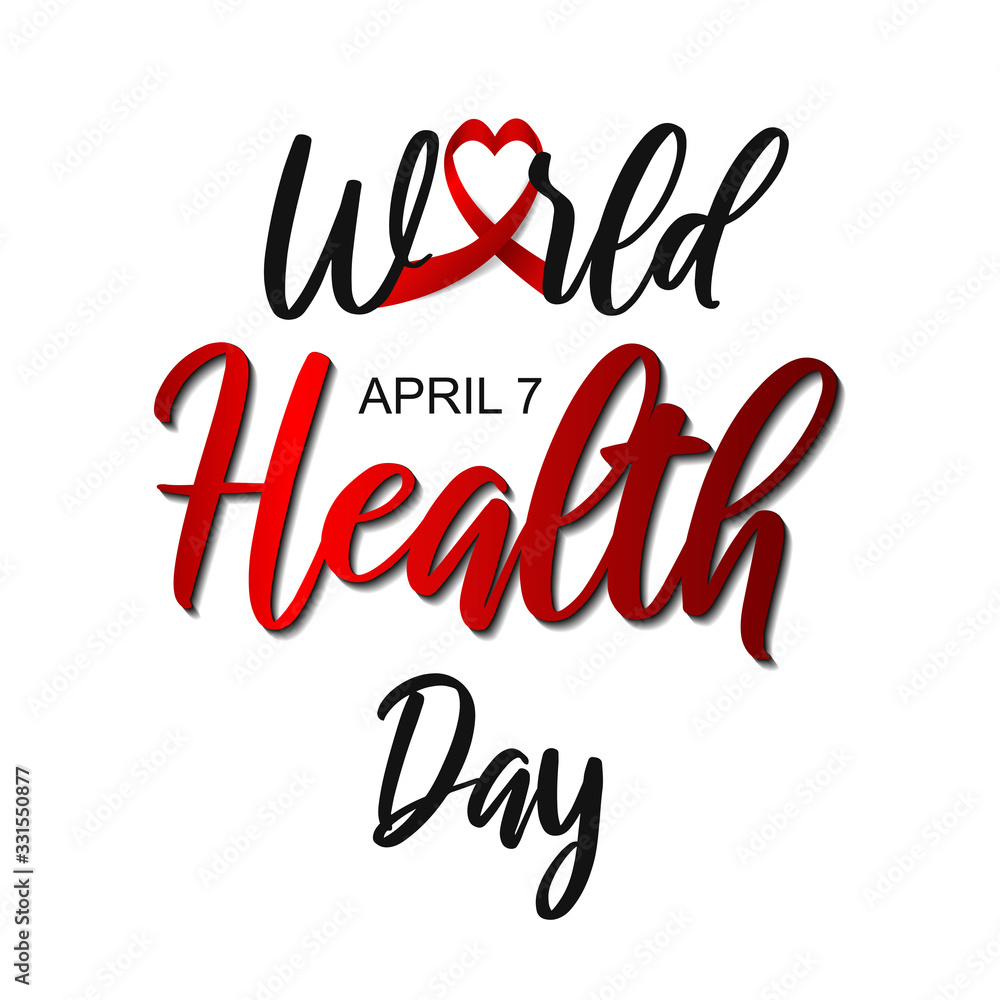 World health day 7 April concept poster, banner, greeting card. Medicine, healthcare vector illustration with 3d red satin ribbon heart on white background.