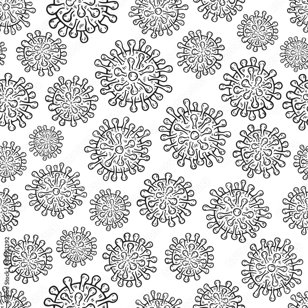 Coronavirus COVID-19 cells seamless pattern vector illustration. Virus bacteria background isolated on white Coronavirus COVID-19 cells seamless pattern vector illustration. Virus bacteria background isolated on white