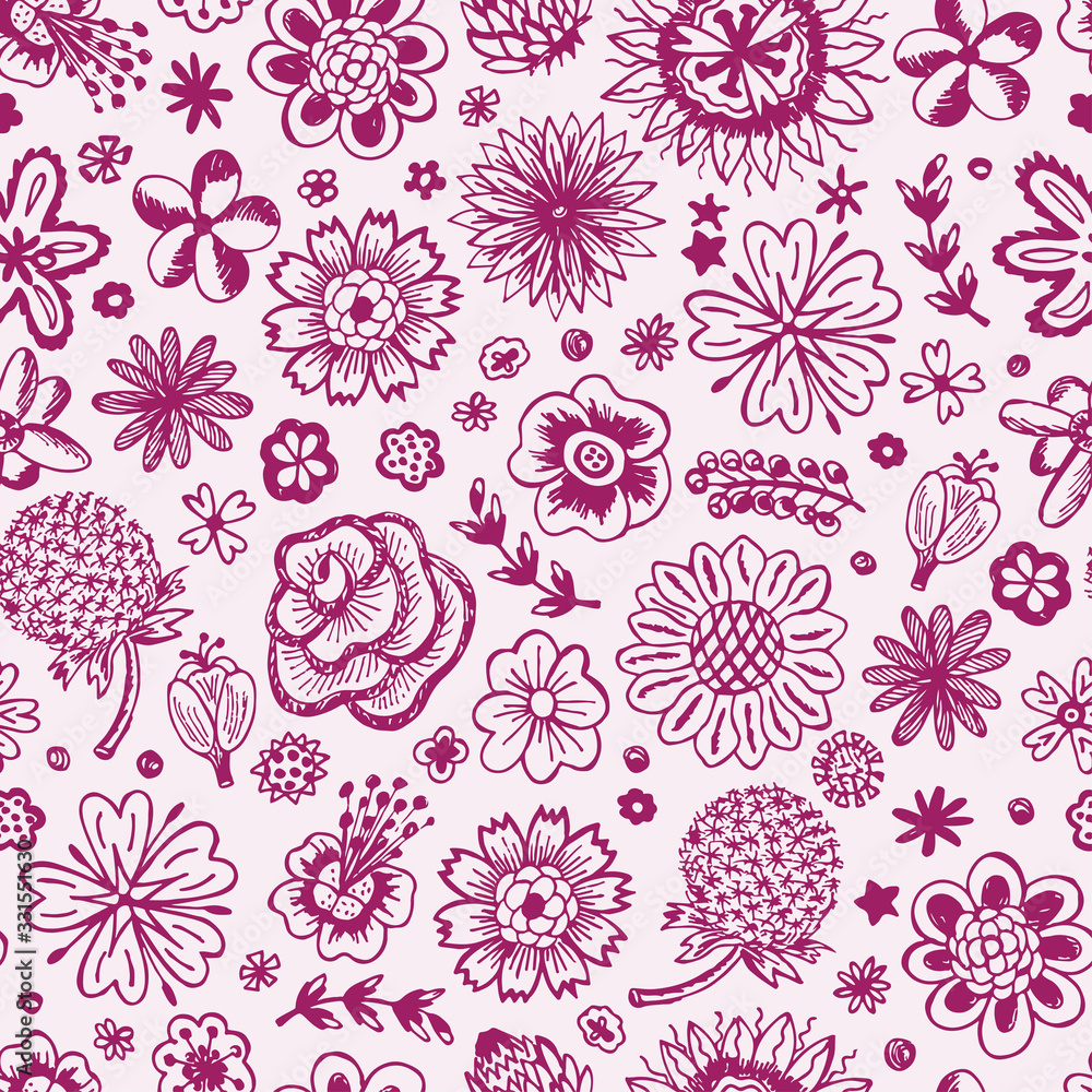Flowers. Seamless pattern with flowers. Endless floral texture. Vintage floral wallpaper. Hand Drawn Doodles background Flowers. Seamless pattern with flowers. Endless floral texture. Vintage floral wallpaper. Hand Drawn Doodles background