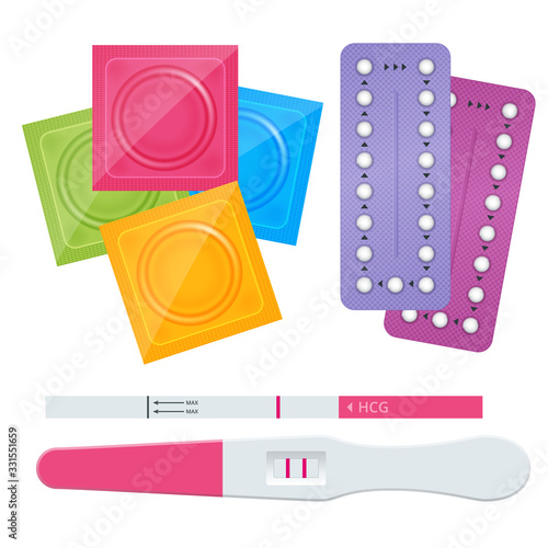 Isometric oral contraceptive pill, condoms and pregnancy test. Safe sex and birth control. Set of contraception methods.