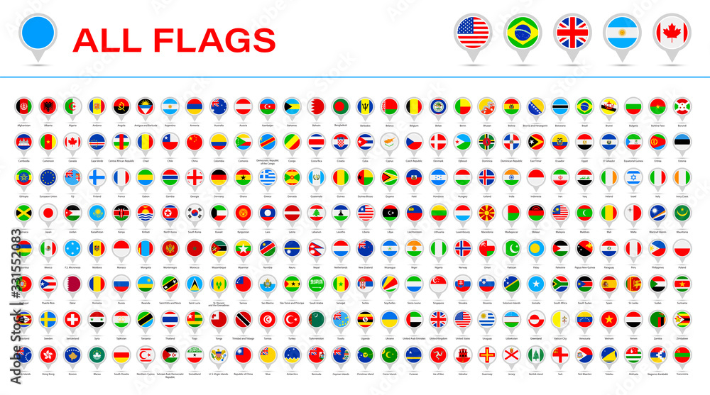 All World Flags - Vector Round Pin Flat Icons. 2020 versions of flags - obrazy, fototapety, plakaty 