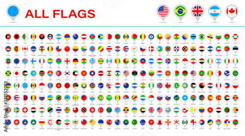 All World Flags - Vector Round Pin Flat Icons. 2020 versions of flags