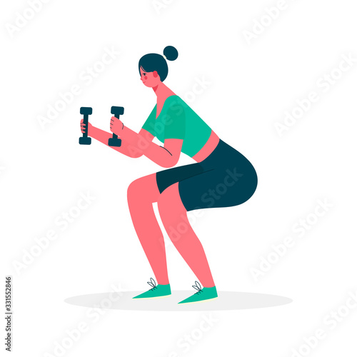 Woman doing exercise squat with dumbbells in sportswear. Woman get perfect butt and legs with exercise. Weight loss. Healthy lifestyle. Woman activities. Vector illustration in flat cartoon style.
