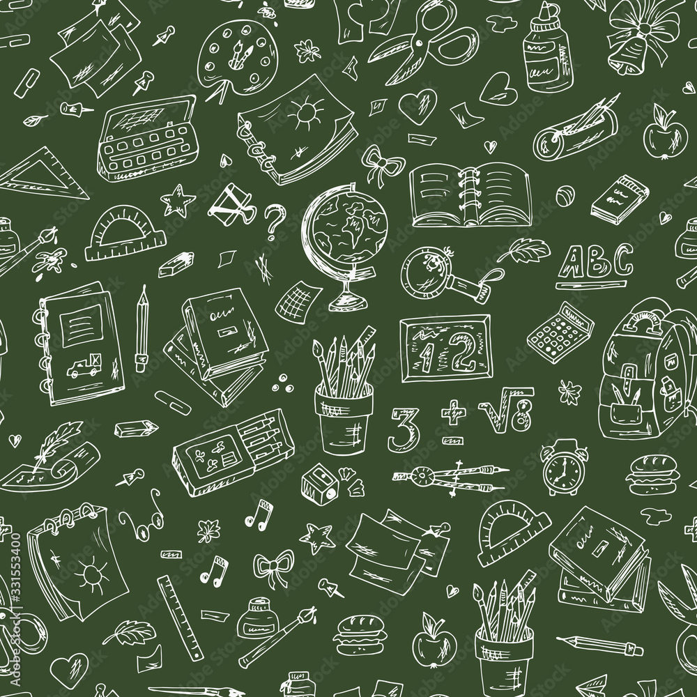 Back to school. Seamless pattern of school supplies. Hand Drawn Doodles illustration