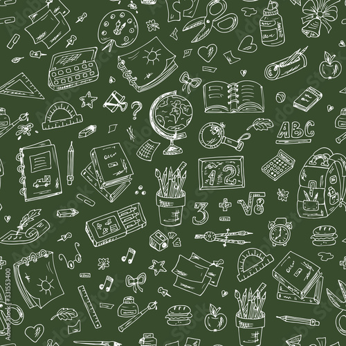 Back to school. Seamless pattern of school supplies. Hand Drawn Doodles illustration