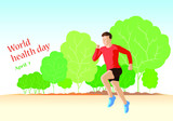 World health day illustration. Runnign athlete with outdoor environment.