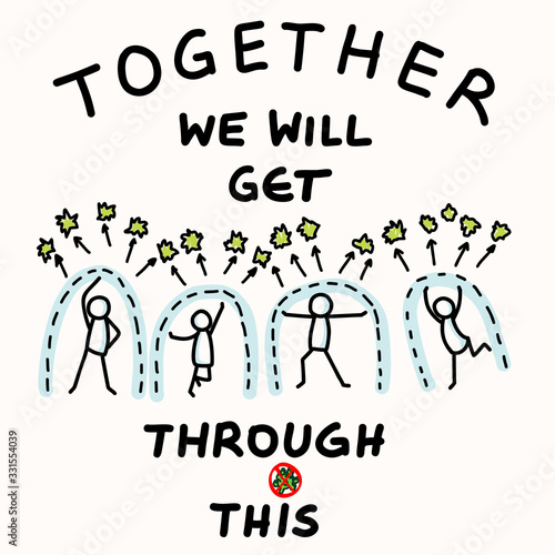 Corona virus crisis, together beat this banner. Defeat Sars_CoV_2 stickman infographic. Community help social media clipart. Viral pandemic support message. Outreach get through this concept poster  
