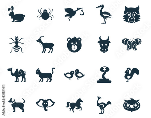 animal icon set with dog with cock owl and camel icons