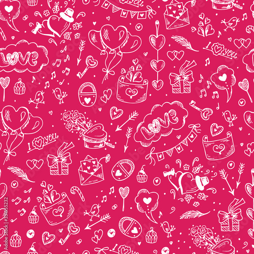 Love symbols Seamless pattern. Hand drawn doodles Vector illustration. Happy Valentine's day.