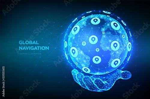 Global Positioning System. GPS location services. Navigation concept. Gps tracking map. Navigate mapping technology. Earth globe. Abstract low polygonal planet in hand. Vector illustration.
