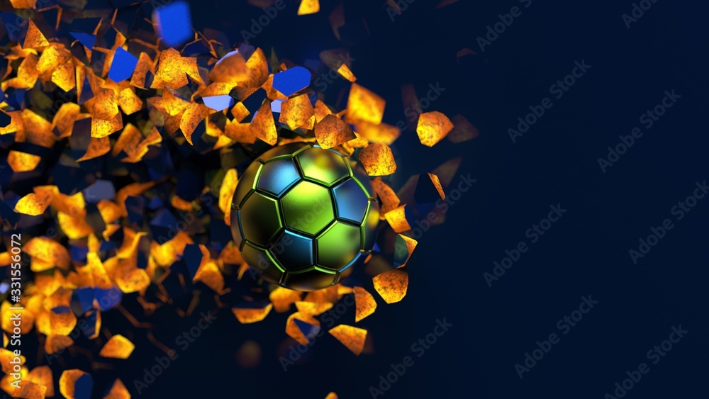 Green-Blue Soccer ball breaking with great force through a hot iron wall under spot light background. 3D high quality rendering. 3D illustration. Green-Blue Soccer ball breaking with great force through a hot iron wall under spot light background. 3D high quality rendering. 3D illustration.