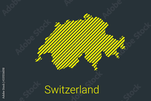 Map of Switzerland, striped map in a black strip on a yellow background for coronavirus infographics and quarantine area markers and restrictions. vector