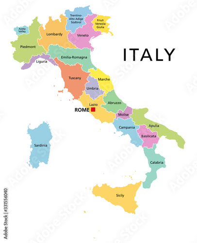 Italy, political map with multicolored administrative divisions. Italian Republic with capital Rome, their 20 regions and borders. English labeling. Isolated illustration on white background. Vector.