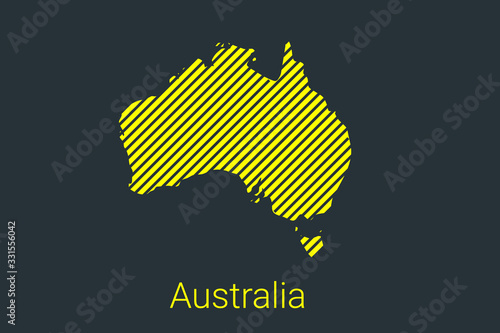 Map of Australia, striped map in a black strip on a yellow background for coronavirus infographics and quarantine area markers and restrictions. vector