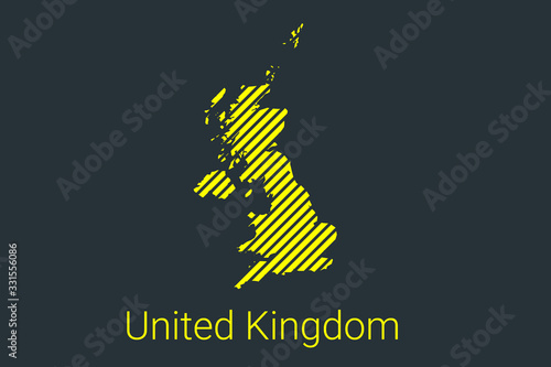Map of United Kingdom, striped map in a black strip on a yellow background for coronavirus infographics and quarantine area markers and restrictions. vector