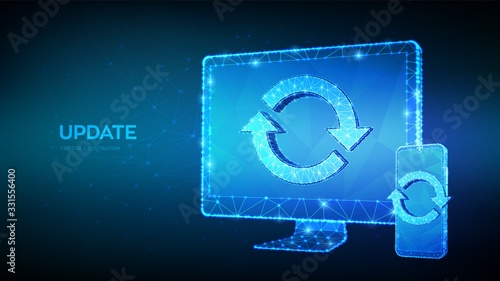 Update, Synchronization, Processing concept. Abstract low polygonal computer monitor and smartphone with update or sync sign. Can be used for topics like refresh recycling reload. Vector illustration.