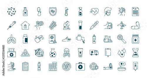 coronavirus and covid 19 concept icon set, line style