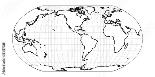 World Map in Robinson Projection with meridians and parallels grid. White land with black outline. Vector illustration