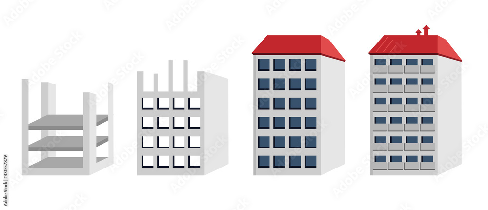 Сonstruction stages. vector illustration of a high-rise building construction done in stages on a construction site. Building Under House.