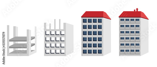 Сonstruction stages. vector illustration of a high-rise building construction done in stages on a construction site. Building Under House.
