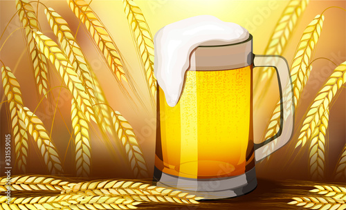 Vector illustration of barley ear on white background - ripe yellow cereal spike
