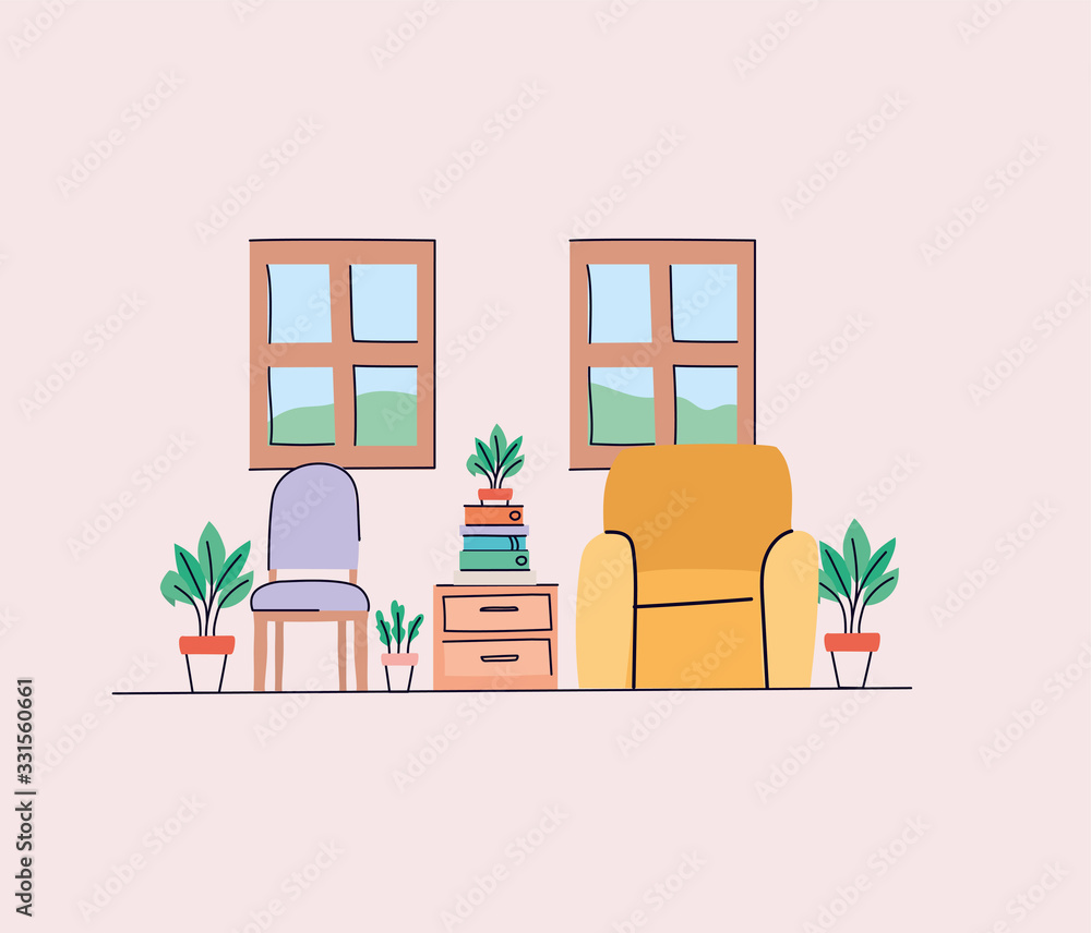 Living room with chairs and plants vector design