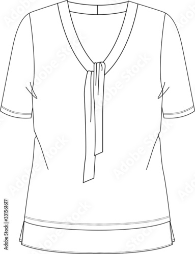 Tie Neck detail. T shirt design apparel template,  Fashion Flat Sketch 