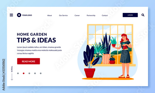 Girl cultivates and waters flowers on window. Vector character illustration. Home plants care, gardening hobby concept
