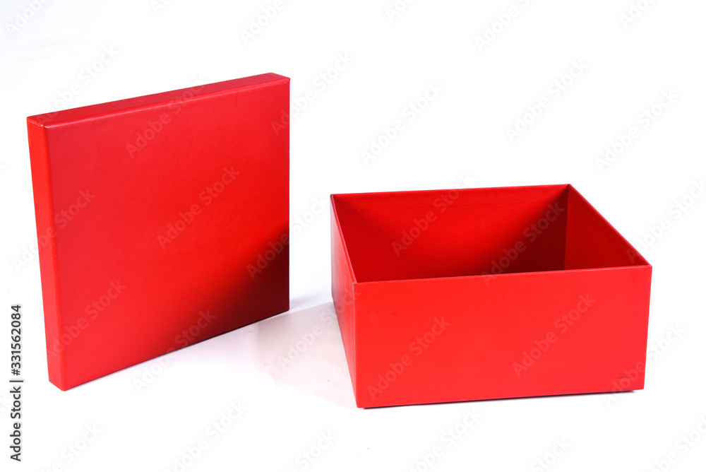 beautiful red gift box with open lid with side view and space for text on white background beautiful red gift box with open lid with side view and space for text on white background