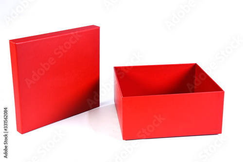 beautiful red gift box with open lid with side view and space for text on white background