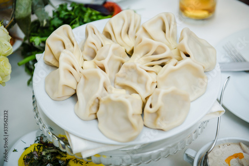 Banquet service. Catering food, snacks with cheese. Salad with shrimp. Different colorful meals for breakfast or lunch time. Restaurant interior