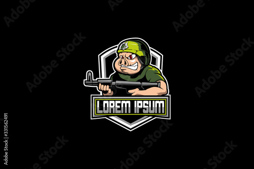 Pig cartoon character with rifle vector logo template