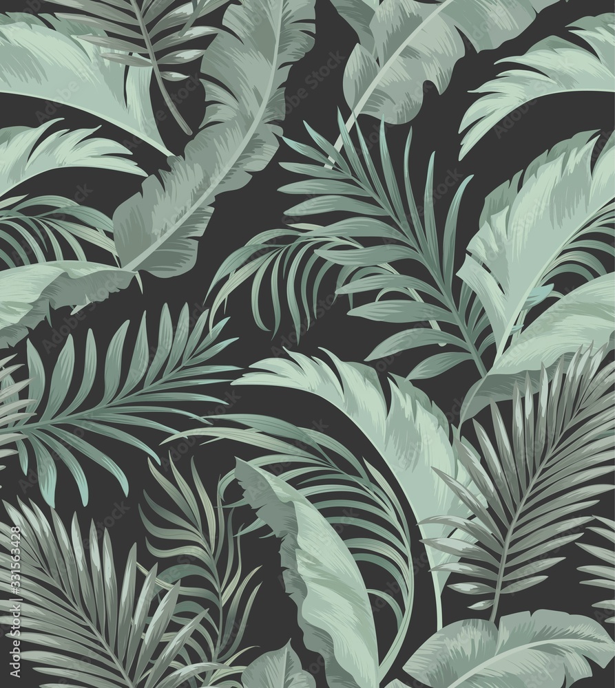 Fototapeta Green tropical palm leaves seamless vector pattern on the black background.Trendy summer print.