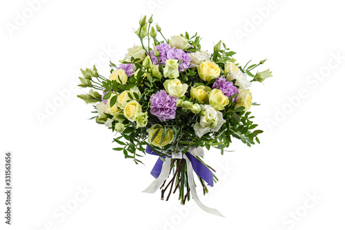 Fresh, lush bouquet of colorful flowers for present isolated on white background. Wedding bouquet of yellow roses and freesia flowers