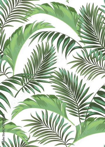 Green tropical palm leaves seamless vector pattern on the black background.Trendy summer print.