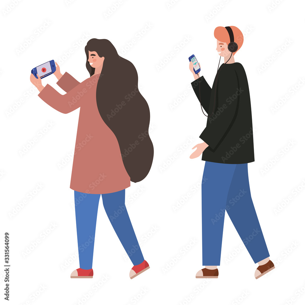 Boy and girl with smartphones vector design Boy and girl with smartphones vector design