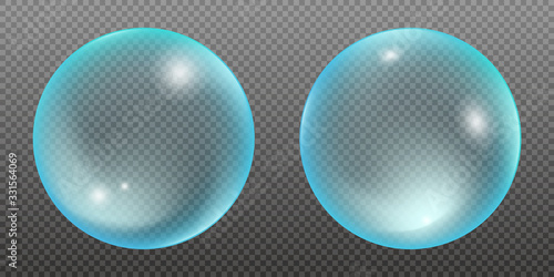 Transparent glass ball or sphere, blue water soap bubbles on a transparent background