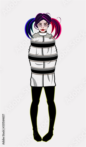 Vector illustration of a woman in cartoon style. Image of a superhero. A girl in a straitjacket. A comic book character with multicolored hair. Red and blue tails. Madness. Psychiatric hospital.