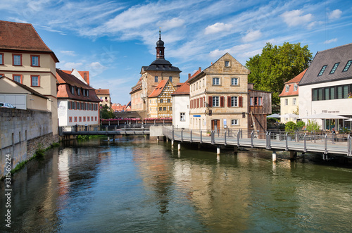 BAMBERG, GERMANY - SEPTEMBER 11, 2019: Old Town Hall with city river