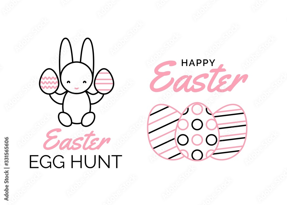 Happy Easter greeting card elements made of simple line drawing and Easter quotes. Cute funny bunny holding Easter eggs. Vector. Religious holiday. Happy Easter greeting card elements made of simple line drawing and Easter quotes. Cute funny bunny holding Easter eggs. Vector. Religious holiday.