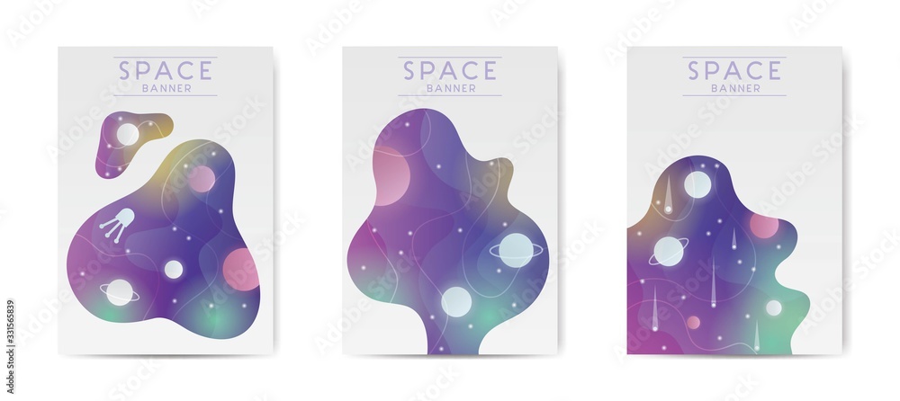 Outer space futuristic cartoon background, cover, brochure template. Vector illustration