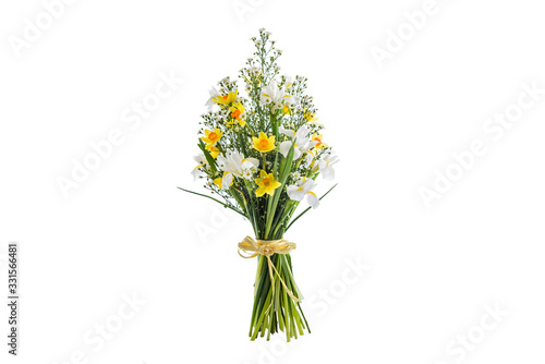 Fresh, lush bouquet of colorful flowers for present on white background. Wedding bouquet of white and yellow petal and freesia flowers