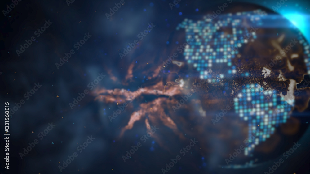 Fototapeta premium The planet earth transforms to virus on dark blue background of bacteria. 3d illustration for corona virus or COVID-19 attack the world. Virus illustration concept for poster and banner.